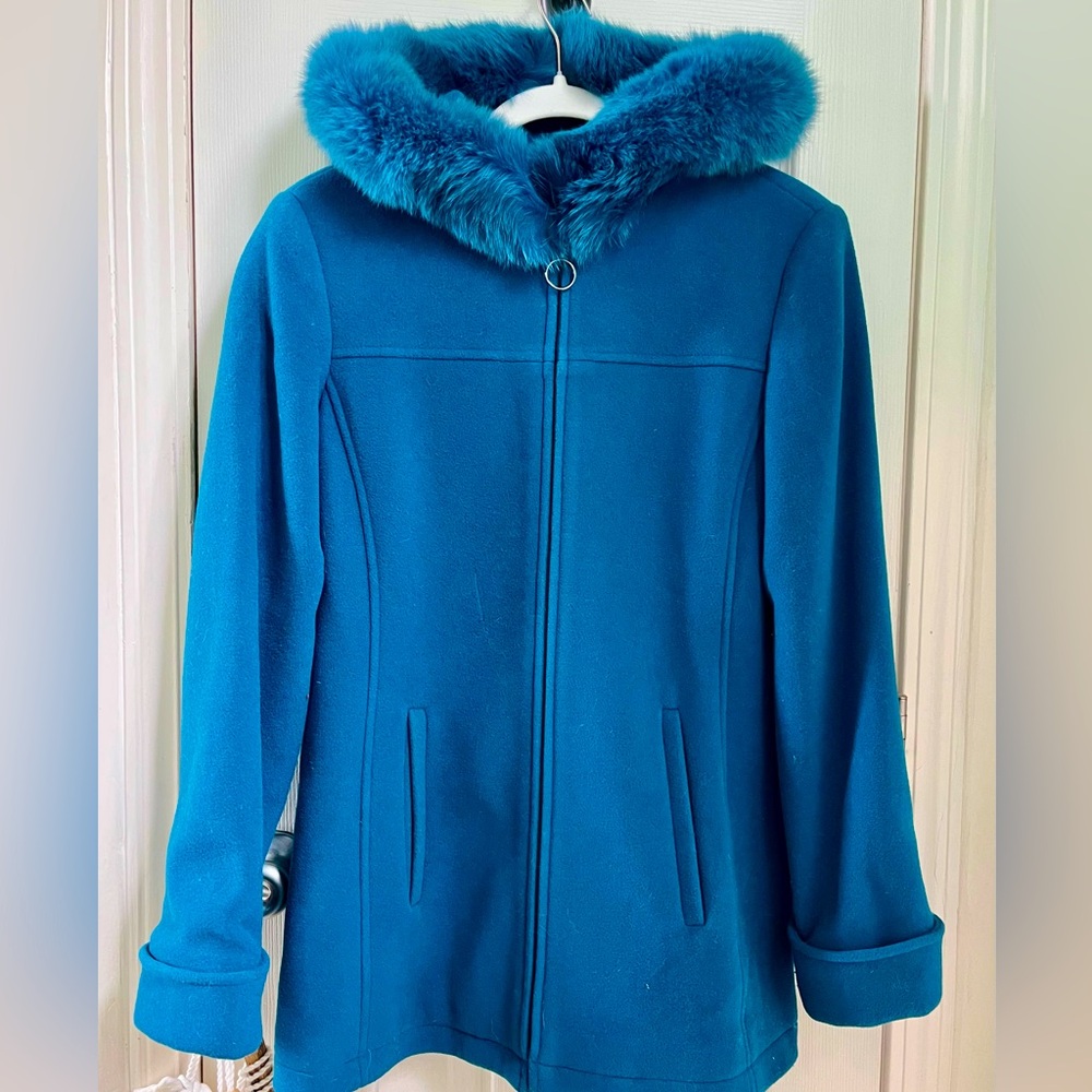 Wool coat with fox fur hood trim by MDP Designs New York